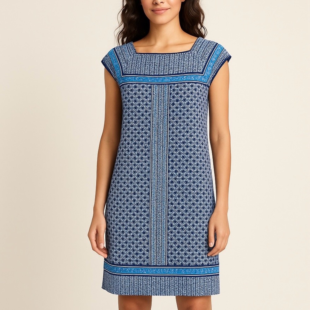 Max Studio Blue Geometric Cap Sleeve Stretch Mini Dress Women’s Size Medium